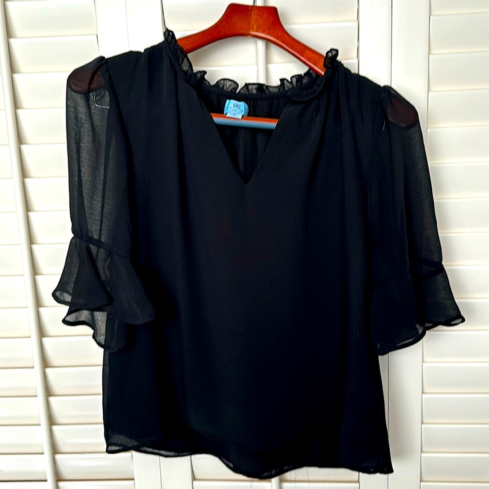 Cece v-neck blouse with ruffle sleeves.
